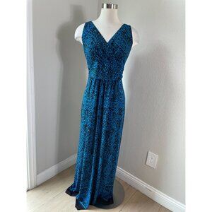 Chaps Womens Large Blue Black Stretch Maxi Dress Sleeveless V Neck